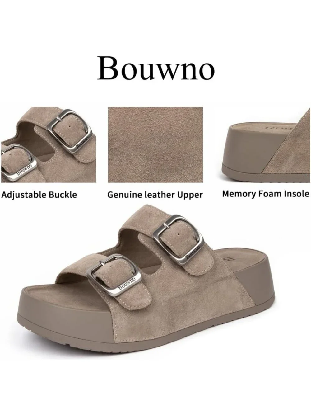Women's Apricot Slide Buckle Genuine Leather Slip on Beach Platform Sandal Shoes